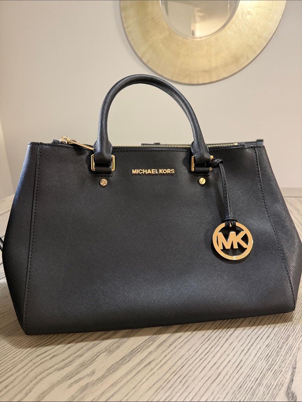 Michael Kors Black Saffiano Satchel with Gold-tone MK Charm